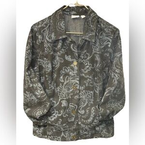Women's Black Denim Gray Floral Button Front Jacket Coat Size Med M Pappagallo